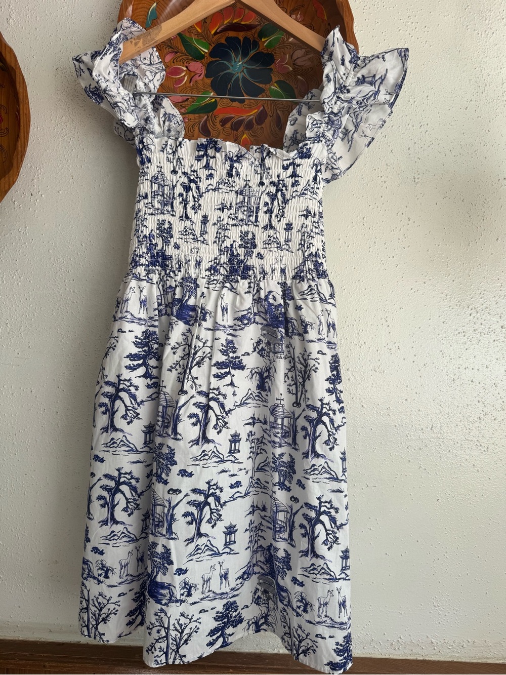 Kourt White and Blue Toile Smocked Dress Size Medium